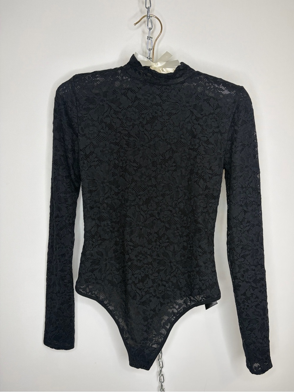 Babaton Black Lace Long Sleeve Mock Neck Bodysuit